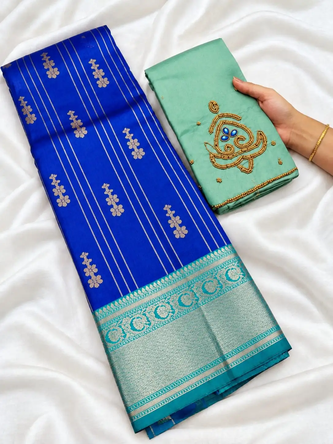 Royal Blue & Sea Green Aari Work Kanchi Silk Saree